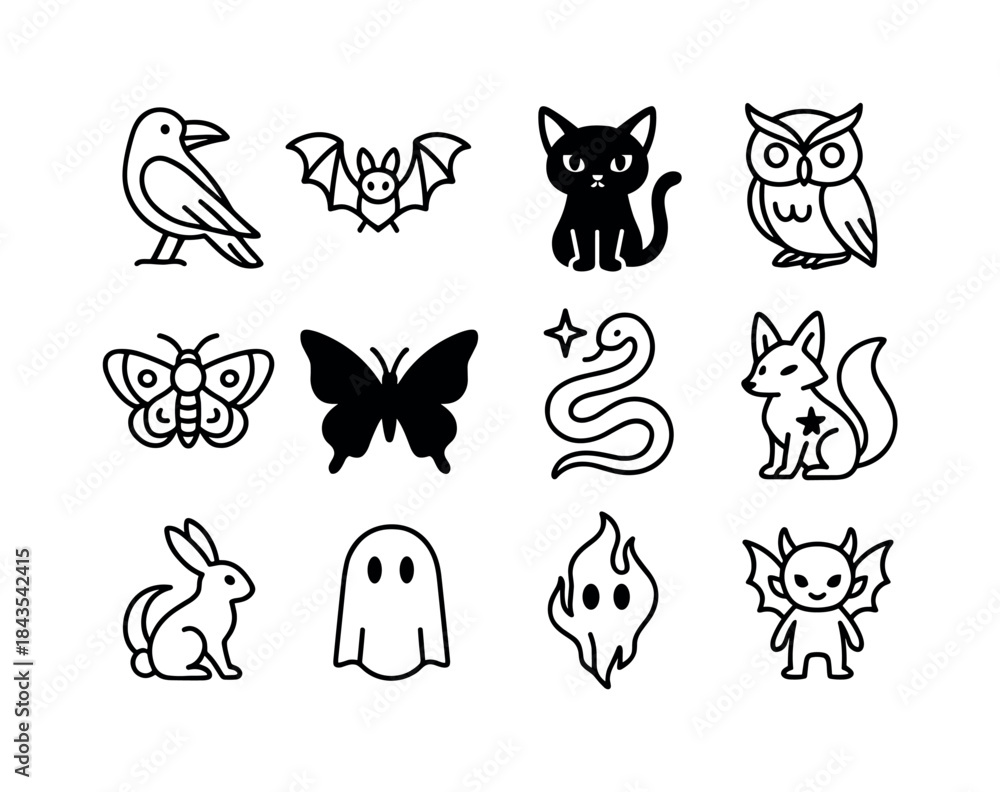 Obraz premium Whimsigoth Creature Icons. Whimsigoth Creatures. Line icon set o