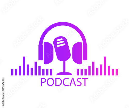 Studio microphone with headphones and audio wave. Podcast. Webcast audio record. Concept webinar, radio show or audio blog, online training.