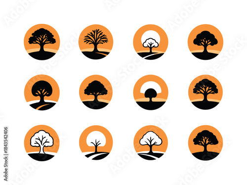 Lone Tree Logos. lone tree in field. Icon set. Set Logo of lone