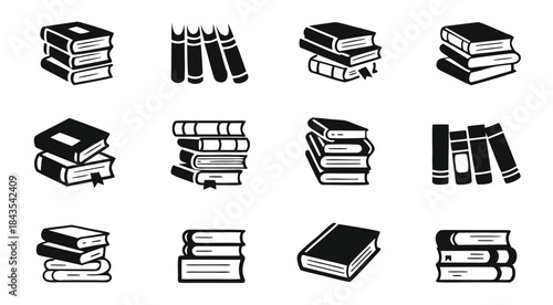Stack of books icons black and white library literature reading education