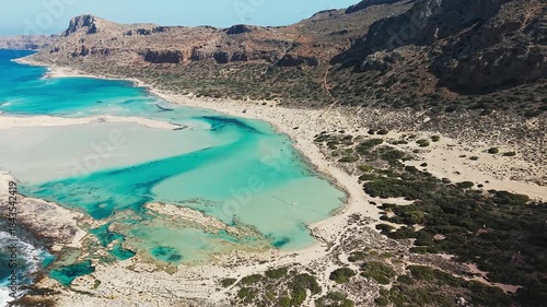 Amazing drone view of Balos Lagoon and white sandy beach, Crete, Greece