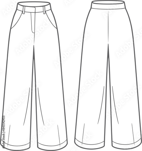Wide leg pants fashion technical drawing front and back view flat sketch apparel design illustration for clothing manufacturing template