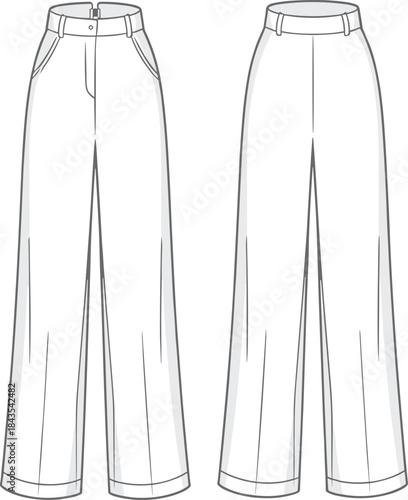 Wide leg trousers technical drawing front and back view flat sketch pants apparel design illustration for fashion production template