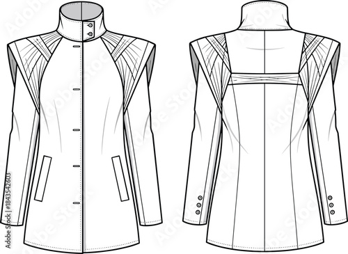 Women's tailored coat technical fashion flat illustration showing front and back views with seam details for apparel design