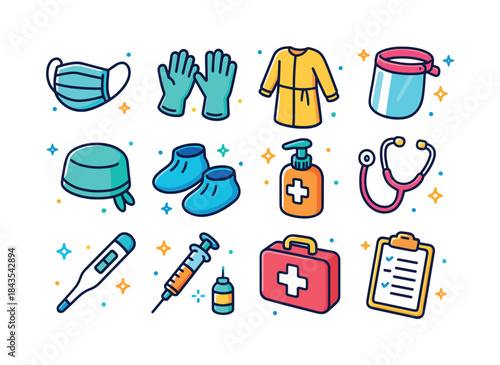 Healthcare PPE Icons. Healthcare PPE. Colorful isometric vector