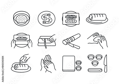 Seafood Roll Icon Set. Seafood Roll Preparation. Line icon set o