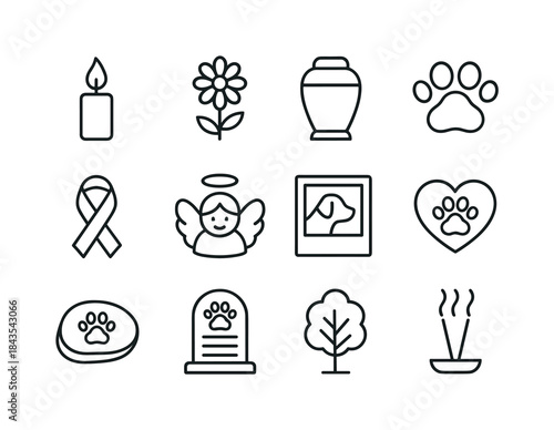 Pet Loss Symbols. Pet loss rituals. Line icon set of Pet loss ri
