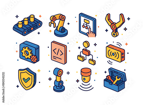Isometric Automation Icons. Automation Tools. Colorful isometric