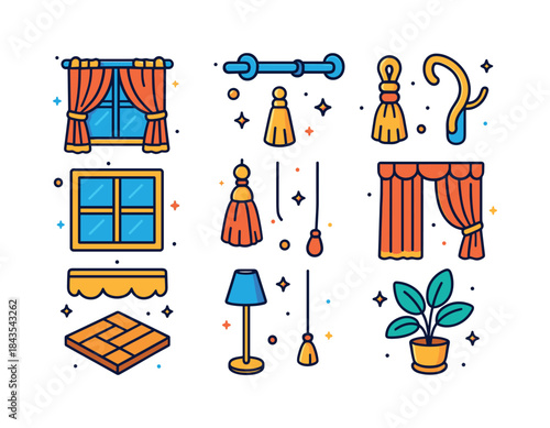 Colorful Curtain Icons. Closing Curtains. Colorful isometric vec