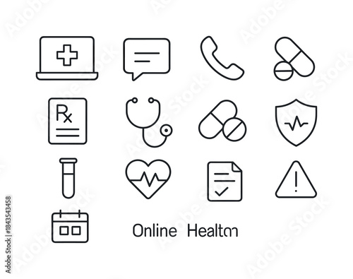 Online Health Icons. Online Health Services. Line icon set of On