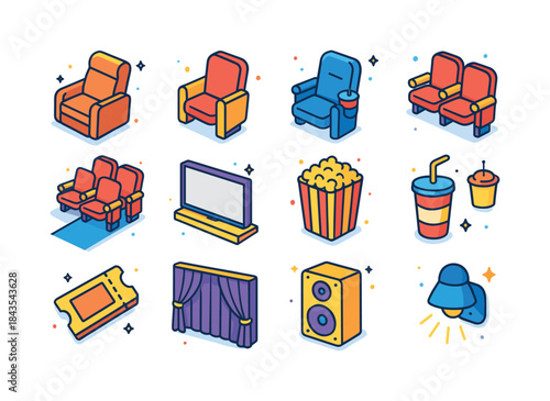 Colorful Cinema Icons. Cinema Seats. Colorful isometric vector i