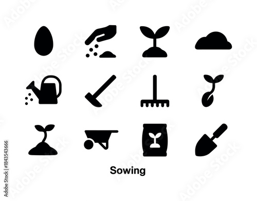 Sowing Icons Set. Sowing. Solid icon set of sowing: seed, hand s