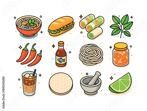 Vietnamese Cuisine Icons. Vietnamese Cuisine. Colorful isometric