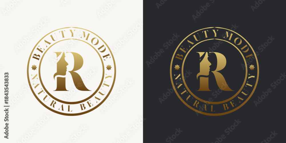 Naklejka premium Elegant letter R logo featuring a woman's face silhouette in a gold gradient circular badge design. Ideal for beauty, fashion, skincare, and luxury branding.