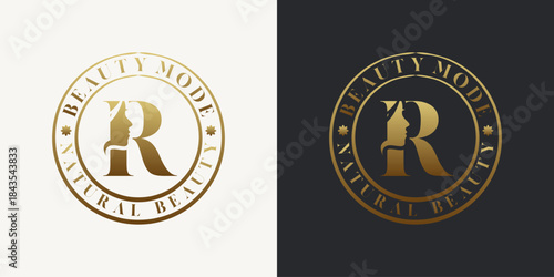 Elegant letter R logo featuring a woman's face silhouette in a gold gradient circular badge design. Ideal for beauty, fashion, skincare, and luxury branding.