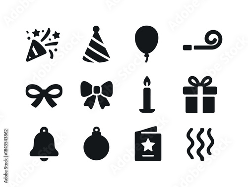 Party Essentials Icons. Party items. Solid icon set of party ite