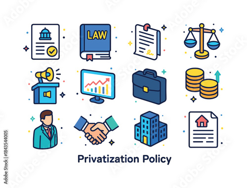 Privatization Icon Set. Privatization Policy. Colorful isometric