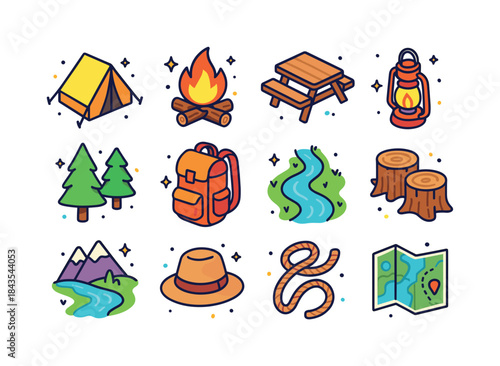 Isometric Campground Icons. Campground. Colorful isometric vecto