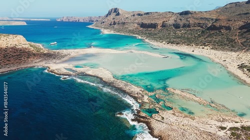 Amazing drone view of Balos Lagoon and white sandy beach, Crete, Greece