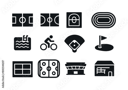 Sports Venue Icons. Sports venues. Solid icon set of sports venu