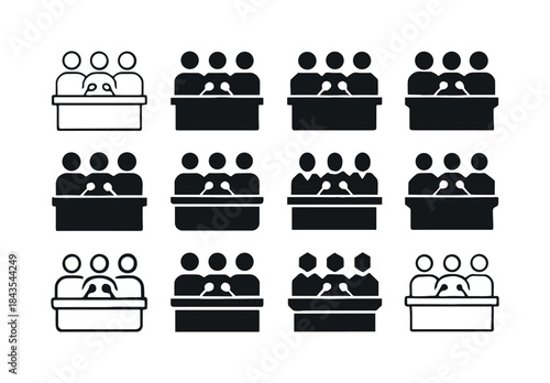 Press Conference Icons. Workers Speaking to the Press. Icon set.