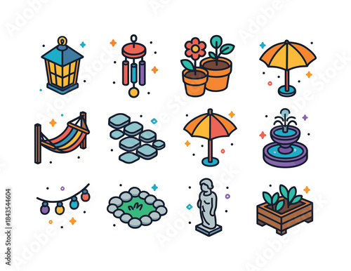 Colorful Outdoor Decor Icons. Outdoor Decor. Colorful isometric
