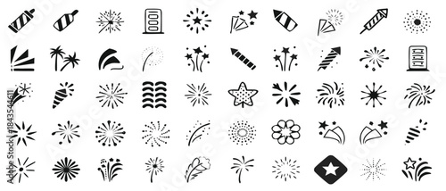 Collection of black fireworks icons for celebrations and festive events