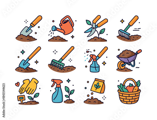 Garden Tools Icons. Gardener tools in action. Colorful isometric