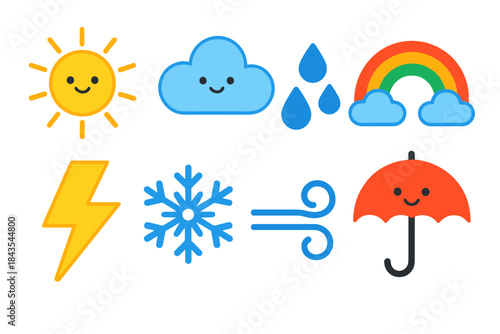 Cute weather icons: sun, cloud, rain, rainbow, lightning, snowflake, wind, umbrella