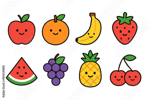 Colorful smiling cartoon fruits: apple, orange, banana, strawberry, watermelon, grapes, pineapple, cherries