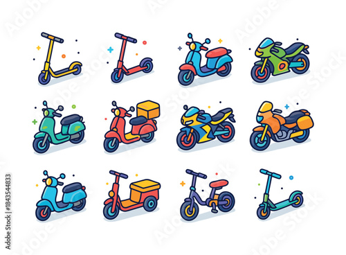 Colorful Isometric Scooter Icons. Scooters and motorcycles. Colo