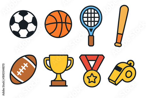 Sports equipment icons: soccer, basketball, tennis, baseball, football, trophy, medal, whistle