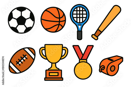 Sports equipment icons: soccer ball, basketball, tennis racket, baseball bat, football