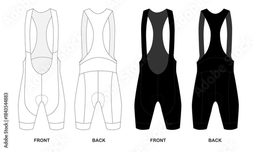 Vector illustration of short cycling shorts with suspenders, front and back view. Sketch of clothing for active sports such as wrestling, judo, and cycling. Contour template for cycling shorts.
