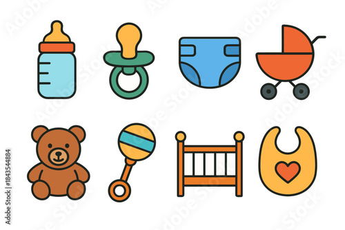 Colorful baby essentials: bottle, pacifier, diaper, stroller, teddy, rattle, crib, bib icons