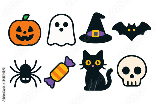 Halloween icons: pumpkin, ghost, witch hat, bat, spider, candy, black cat, skull