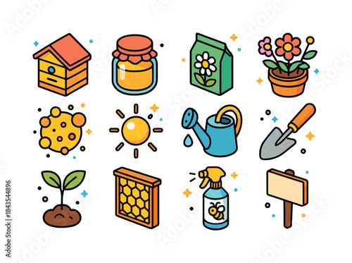 Bee Garden Icons. bee garden essentials. Colorful isometric vect