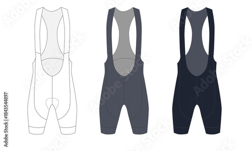 Collection of vector drawings of short cycling shorts with suspenders. Sketch of clothing for active sports such as wrestling, judo, and cycling. Template for cycling shorts in white, gray, and blue c