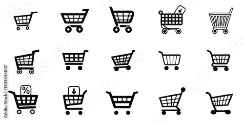 Fifteen Shopping Cart Icons In Black Silhouette Representing Retail And Consumerism