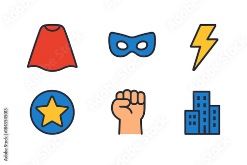 Colorful superhero symbols: cape, mask, lightning, star, fist, cityscape