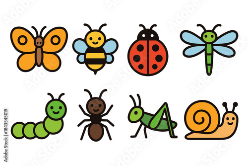 Cute cartoon insects collection with butterfly, bee, ladybug, dragonfly, caterpillar, ant, grasshopper, snail