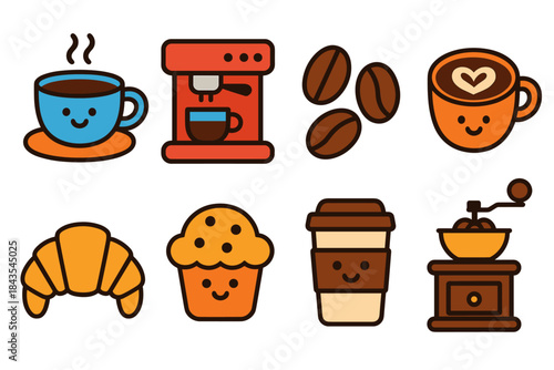 Cute coffee icons featuring cups, beans, pastries, and a grinder with smiling faces