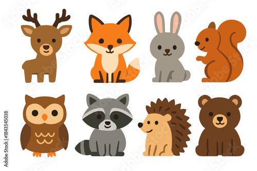 Cute cartoon woodland animals: deer, fox, rabbit, squirrel, owl, raccoon, hedgehog, bear