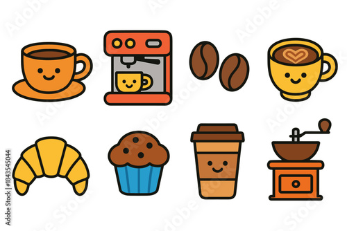 Cute coffee icons with smiling faces and pastry illustrations
