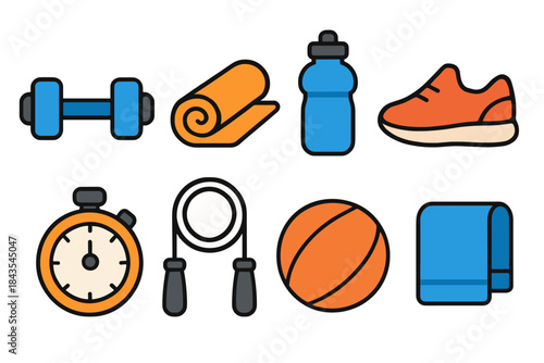 Fitness equipment icons: dumbbell, mat, water bottle, shoe, stopwatch, rope, basketball, towel