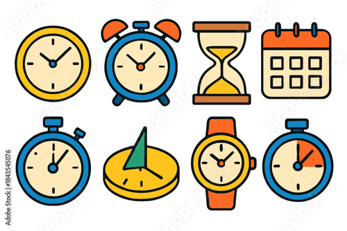 Colorful timekeeping icons: clocks, stopwatch, hourglass, and calendar symbols