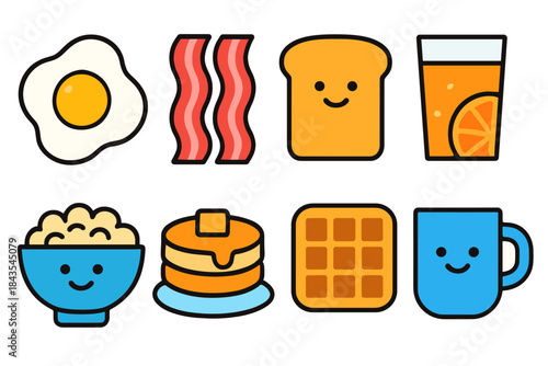 Cute breakfast icons: egg, bacon, toast, orange juice, cereal, pancakes, waffle, coffee mug