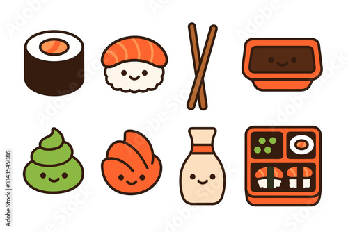 Cute kawaii sushi and japanese food icons with smiling faces