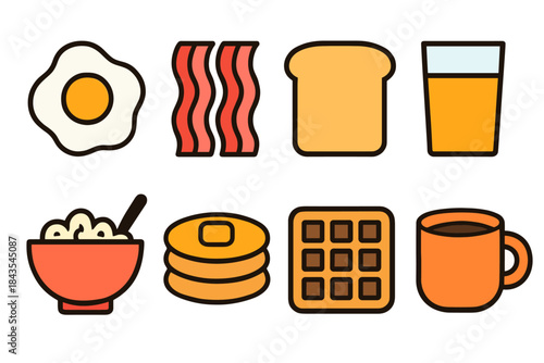 Colorful breakfast icons featuring eggs, bacon, toast, and beverages