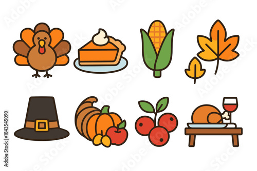 Thanksgiving icons: turkey, pie, corn, leaves, hat, cornucopia, cranberries, roast